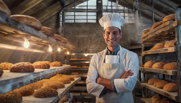 baker posing proudly in his bakery