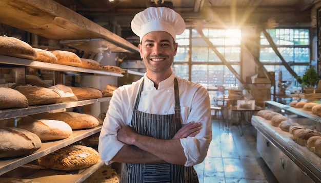 baker posing proudly in his bakery