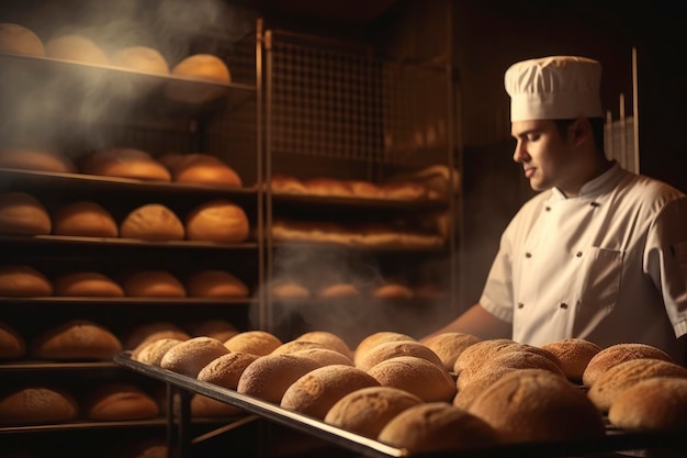 A baker prepares bread in a bakery.