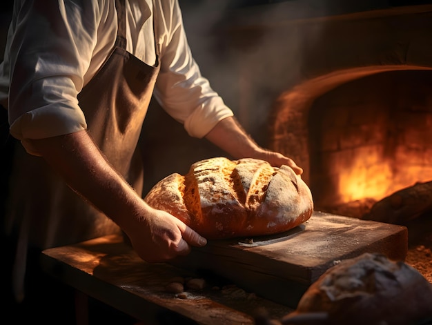 Foto un fornaio che rimuove del delizioso pane dal forno