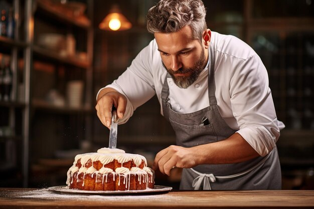 Foto baker scolpisce una torta che assomiglia a una pila di pancake impilati