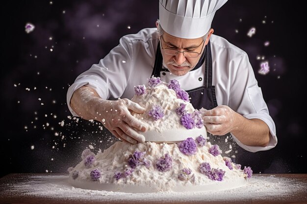 Foto baker scolpisce una torta che assomiglia a una pila di pancake impilati