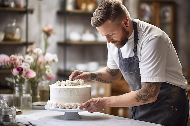 Baker sculpting a cake resembling a stack of stacked pancakes