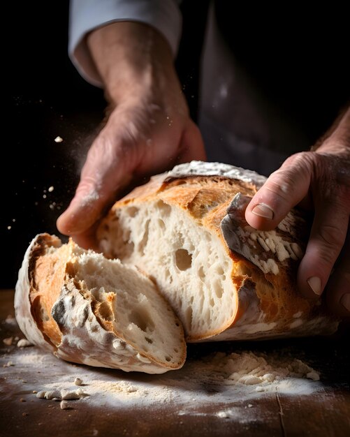 A baker showcasing a delicious loaf of bread and its crumb Food design