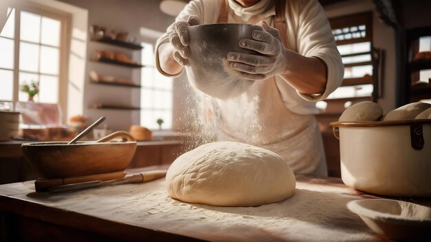 Baker sifting flour over dough