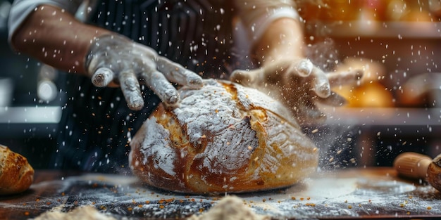 Foto il fornaio spruzza la farina su una paglia di pane