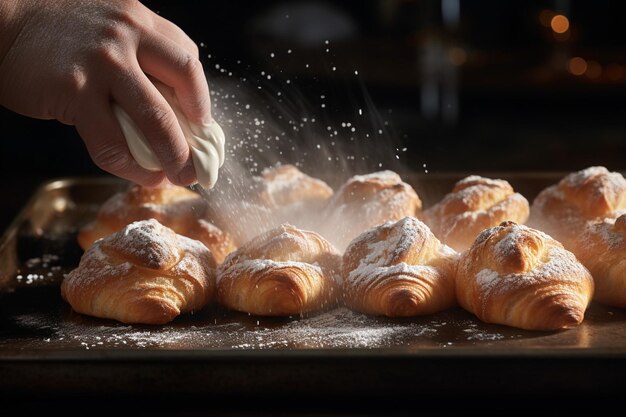 A baker sprinkling demerara sugar on top of Danish pastries