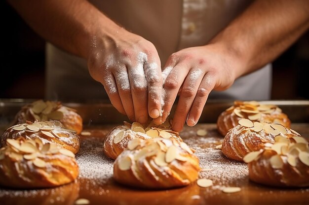 A baker sprinkling sliced almonds on top of Danish pastries