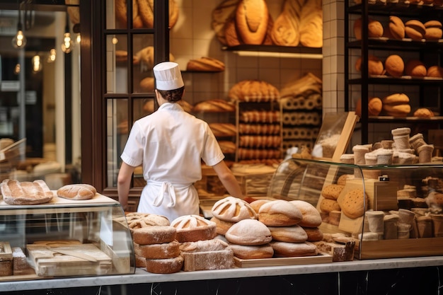 Baker Standing in Front of a Bakery Filled With Bread