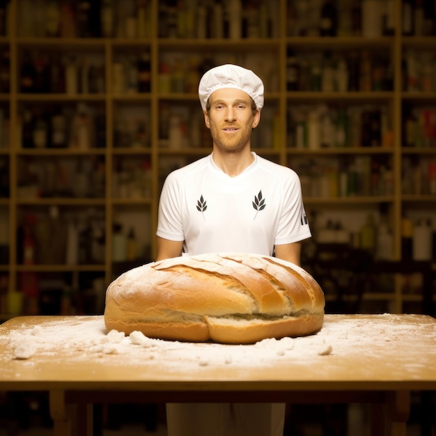 Photo baker standing next to giant white bread with a crunchy texture