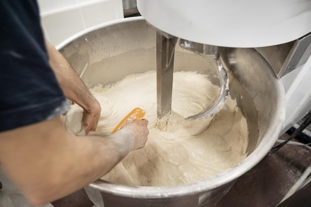 Baker taking out dough of a kneading machine at industrial bakery High quality photography