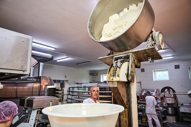 Baker team mix dough with professional kneader machine at the manufacturing Equipment for making flour products
