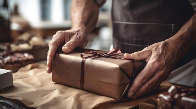 Baker Wrapping Light Brown Gift Box with Red Ribbon in Cozy Bakery