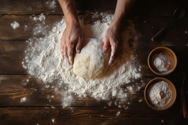 Foto un fornaio impastando la pasta con la farina diffusa su una superficie di legno rustico