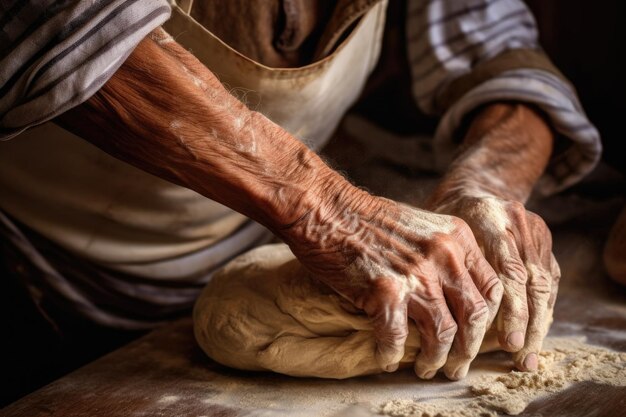 Bakers hands shaping dough into artisan loaf created with generative ai