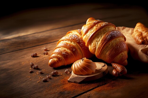 Bakery baguette and croissant on wooden table