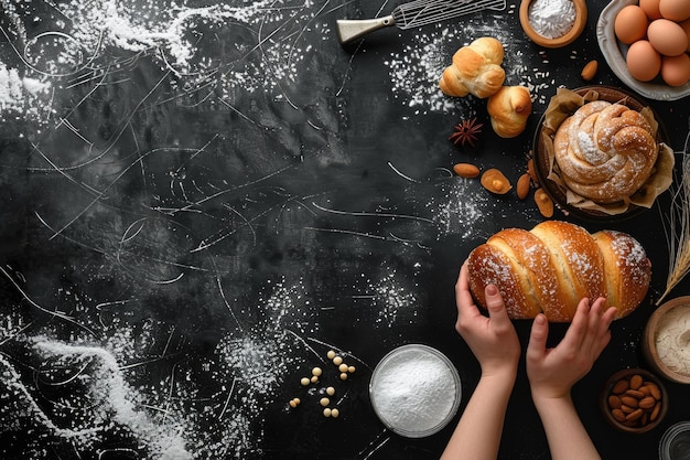 Фото Пекарный черный фон с рулоном и фамальными руками плоский верхний вид копирования пространственного баннера