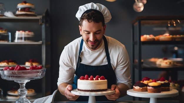 Photo bakery chef smells handmade freshy baked cakes decorated with raspberry works at pastry shop clos