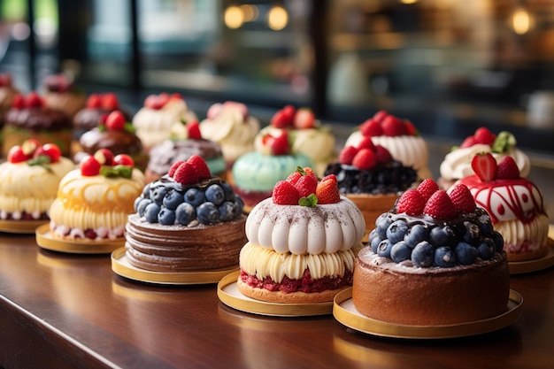 Foto il bancone della panetteria è pieno di fette di torta.