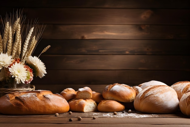 Photo bakery decor on wooden table with flour and bread elements