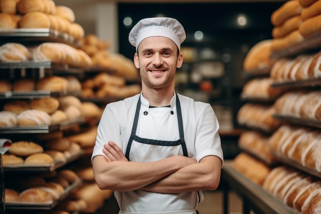 A bakery department worker is standing with arms crossed and smiling at the camera in supermarket