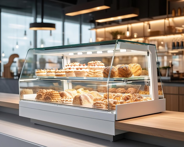 bakery display case with fresh pastries