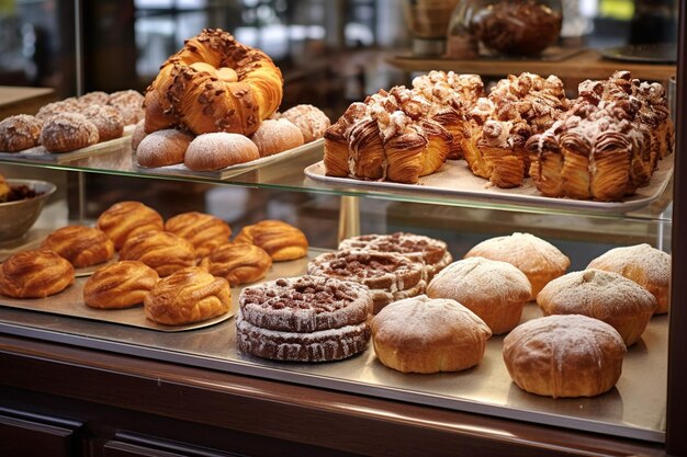 Foto mostra di panetteria con una varietà di panini da dessert gourmet