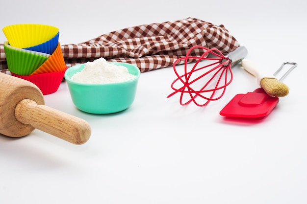 Bakery equipment or kitchenware on a white background.
materials or kitchen equipment for bakery.