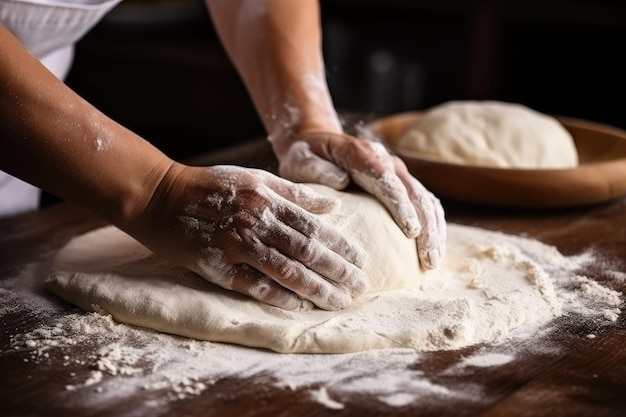 パン屋の粉を巻く手はピザのパスタの食事のレストランの食事のためにペーストを準備します