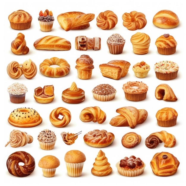 Photo bakery foodstuff set on white background