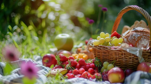 Bakery fruit picnic on the blanket in the open air