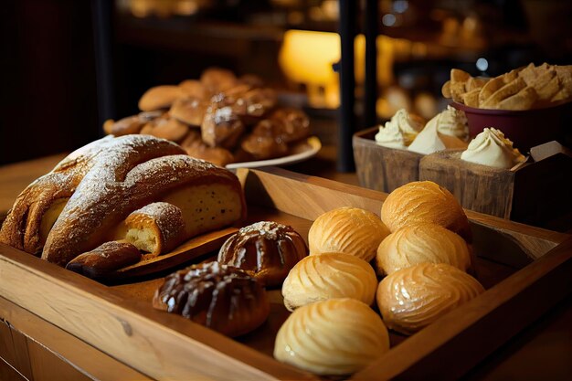 Photo bakery interior with display counters full of scrumptious bread and pastries shop a patisserie or b