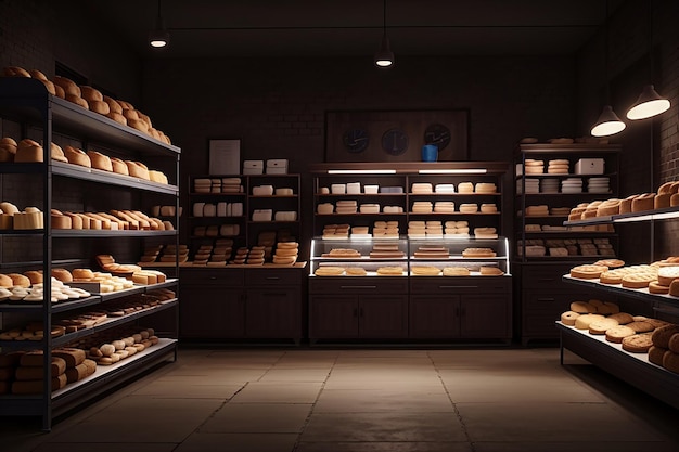 Bakery at night empty dark bake house interior with products on shelves