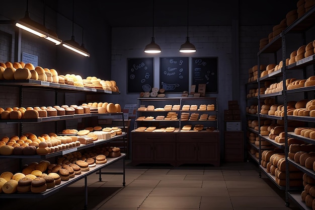 Bakery at night empty dark bake house interior with products on shelves