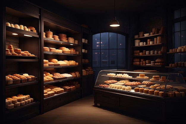 Bakery at night empty dark bake house interior with products on shelves