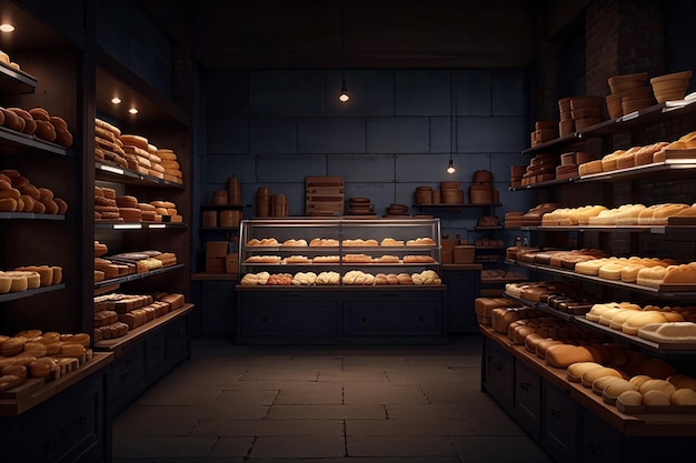 Bakery at night empty dark bake house interior with products on shelves