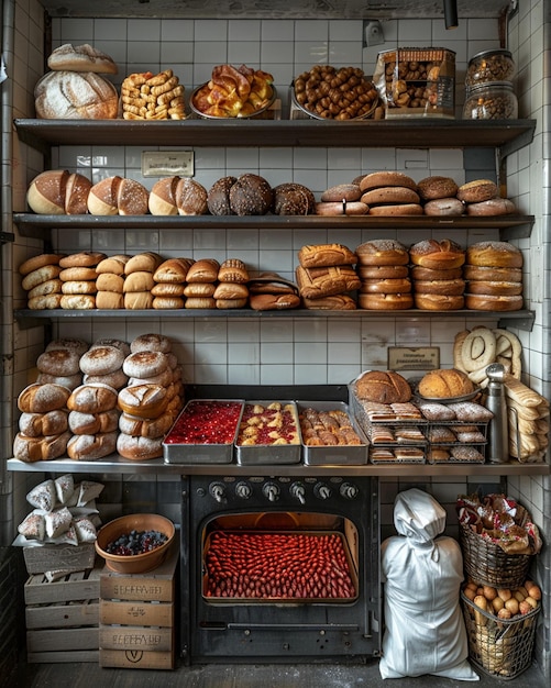 Foto un forno da panetteria con vassoi per la cottura di pane pasticceria carta da parati