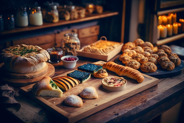 Bakery product assortment with bread loaves buns rolls and Danish pastries Neural network AI generated