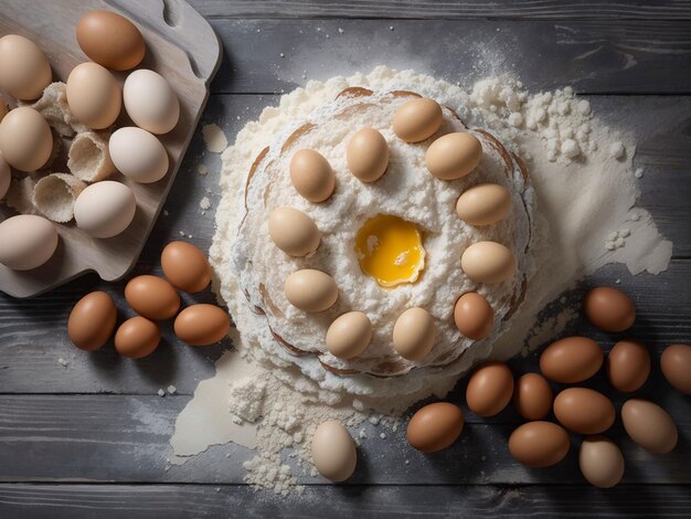 Bakery product with rolling pin flour eggs top view on a gray wooden surface