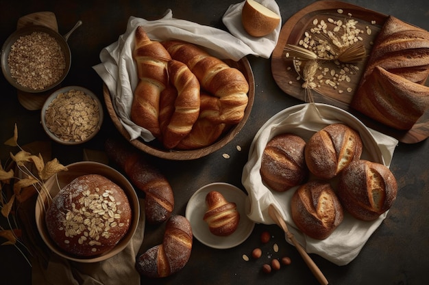 Bakery products Bread rolls Fresh bread wheat flour Homemade food creative photos cereal products Natural organic The main meal Hot Assortment