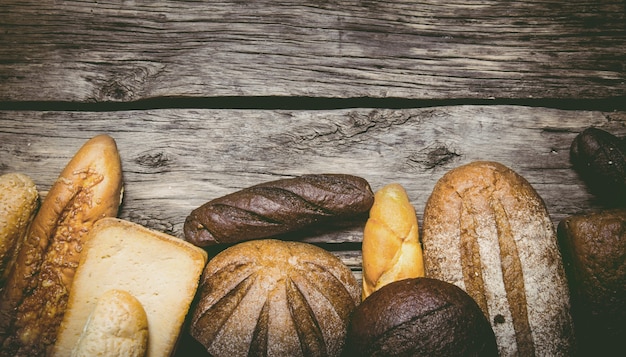 Bakery products on wooden table. Top view