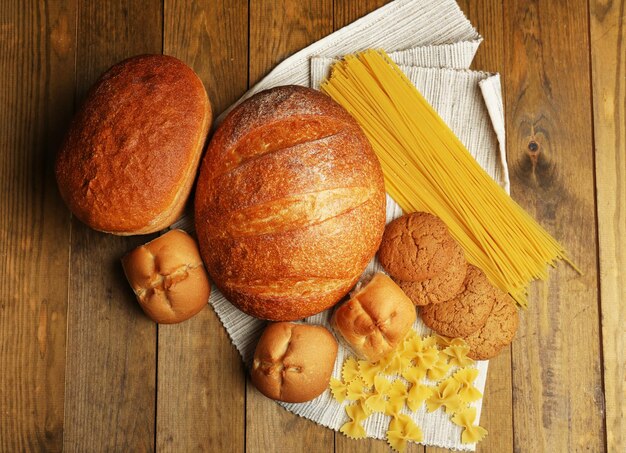 Bakery products on wooden table