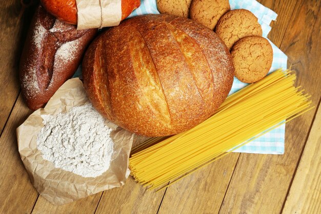 Bakery products on wooden table