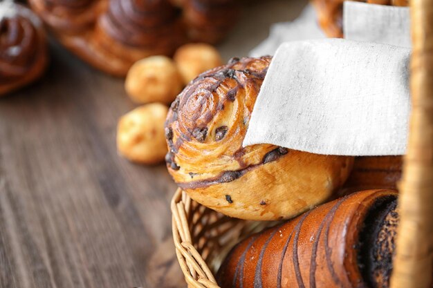 Photo bakery products on wooden table