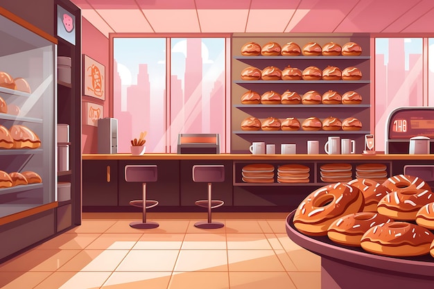 Bakery shop and cafe with donuts