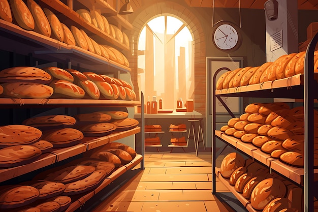 Фото Внутренний вид пекарни и полки, наполненные свежевыпеченным хлебом, бутербродами, кексами и печенье.