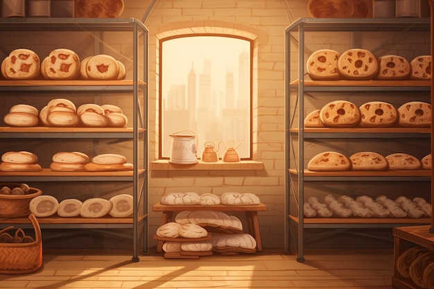 Фото Внутренний вид пекарни и полки, наполненные свежевыпеченным хлебом, бутербродами, кексами и печенье.