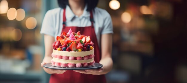 写真 ケーキのコピースペースを保持するベーカリー店のオーナー