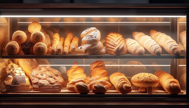 Foto vetrina di panetteria con pane e pasticcini