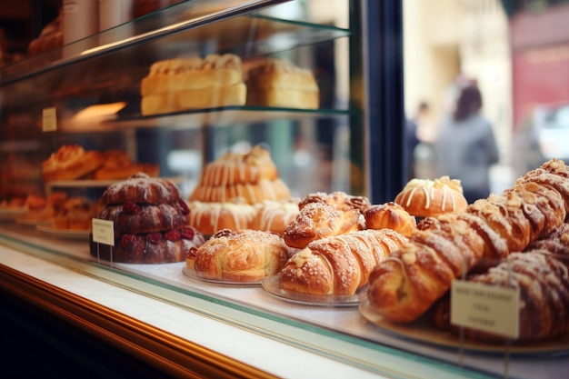 Bakery showcase with delicious desserts and snacks